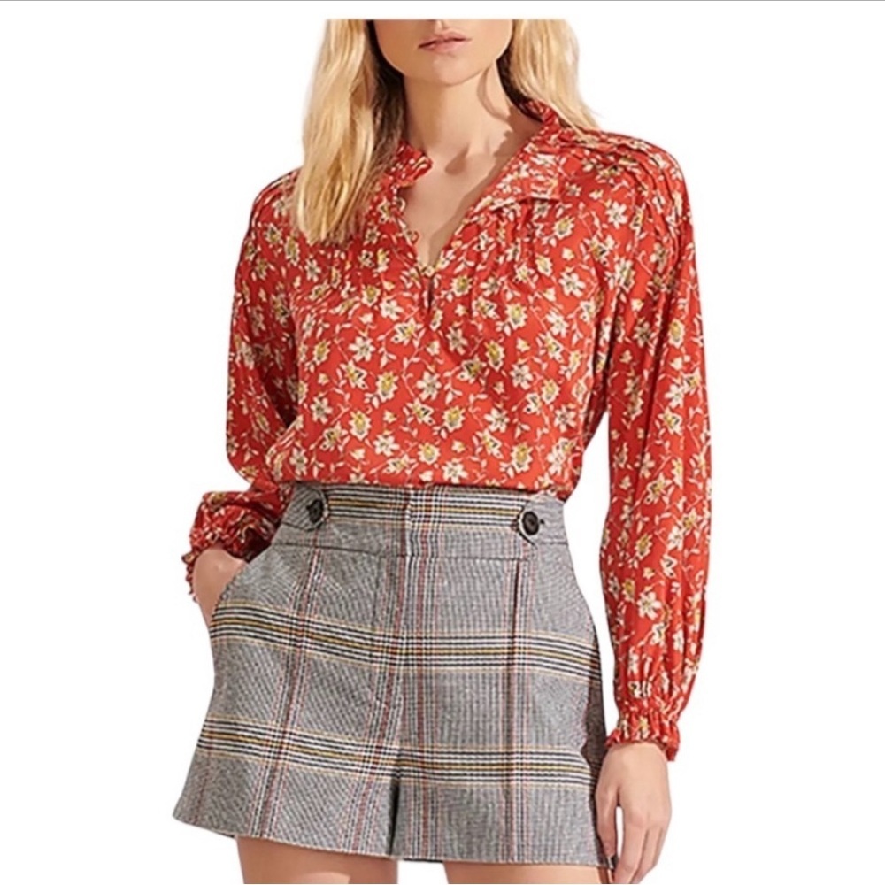 Veronica Beard Red Floral Long-Sleeve Blouse